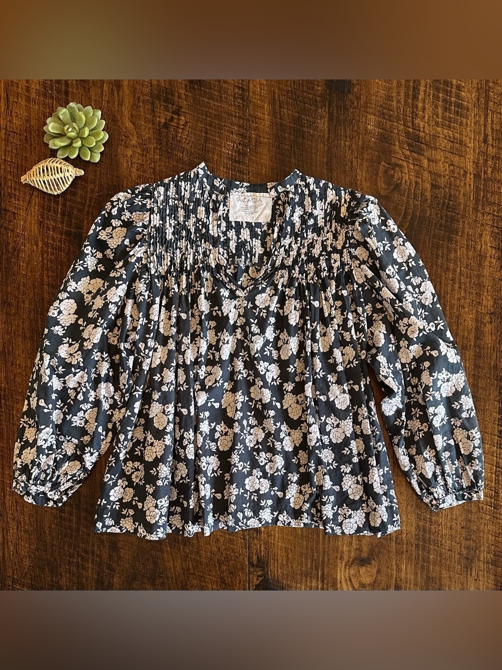 ACACIA Swimwear | Boho Chic Floral Smocked Peasant Blouse Top, Size S